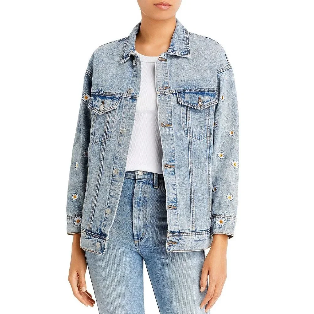 SUNSET & SPRING Cotton Embroidered Daisies Denim Jacket - NWT - Size XS - Picture 1 of 5
